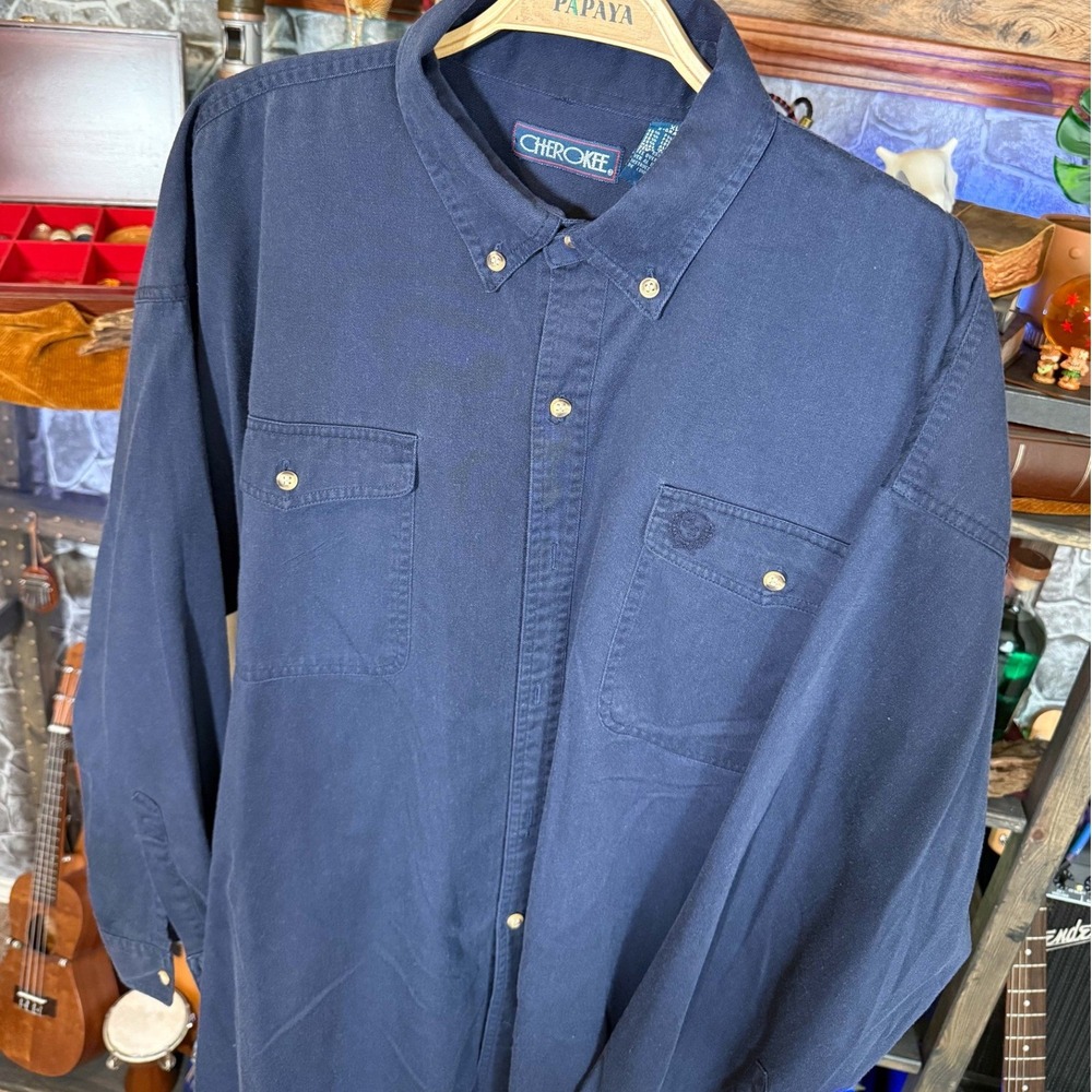 Cherokee Mens Navy Blue Twill Button Down Shirt XL Long Sleeve Workwear Vibe
